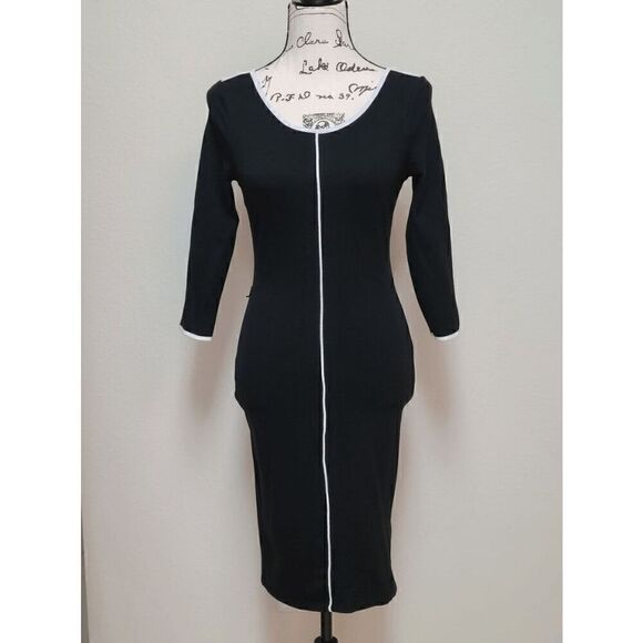 VENUS Black Contrast Trim 3/4 Sleeve Round Neck Keyhole Back Shift Dress Size XS - Picture 2 of 13
